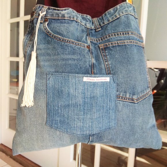 Repurposed Denim tote bag. Recycled jeans tote. Cross body bag. Upcycled Denim - Picture 3 of 8
